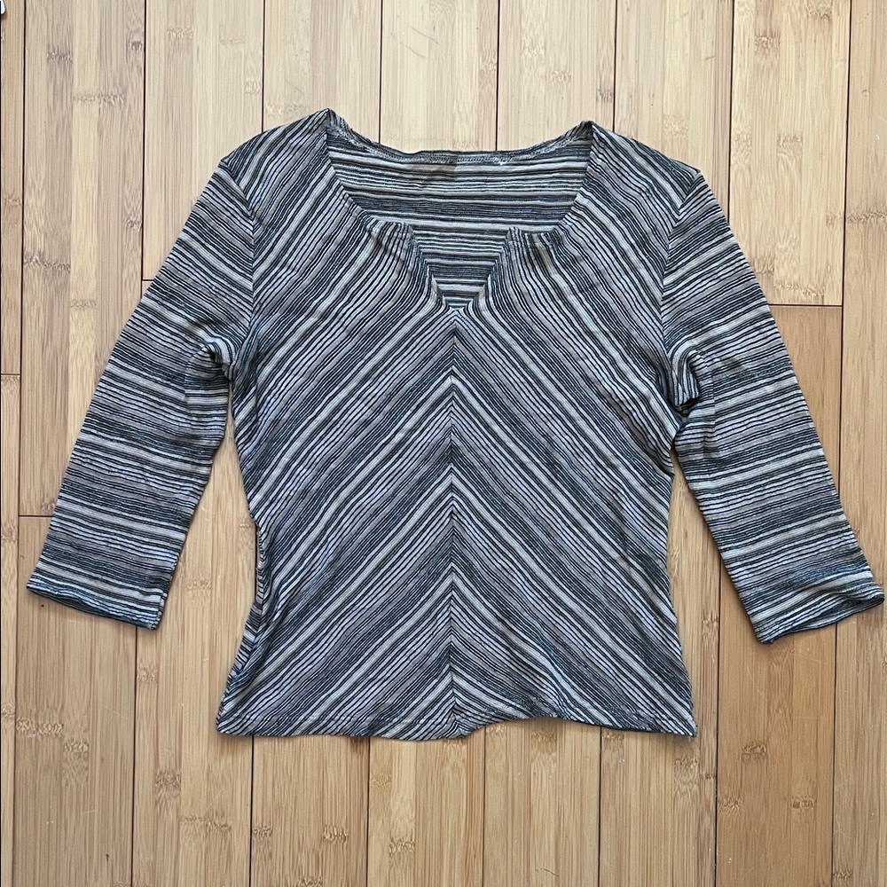 Striped chevron 3/4 sleeve 90s fitted top v neck brown sweater wool cashmere